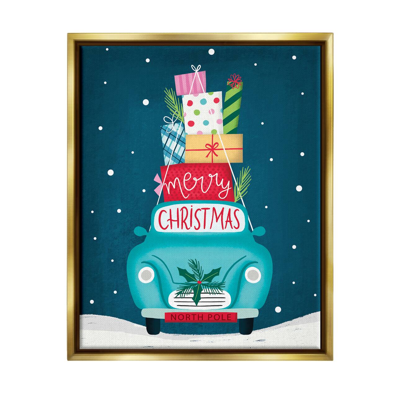 Stupell Industries Merry Christmas Stacked Gifts Car Framed Floater Canvas Wall Art